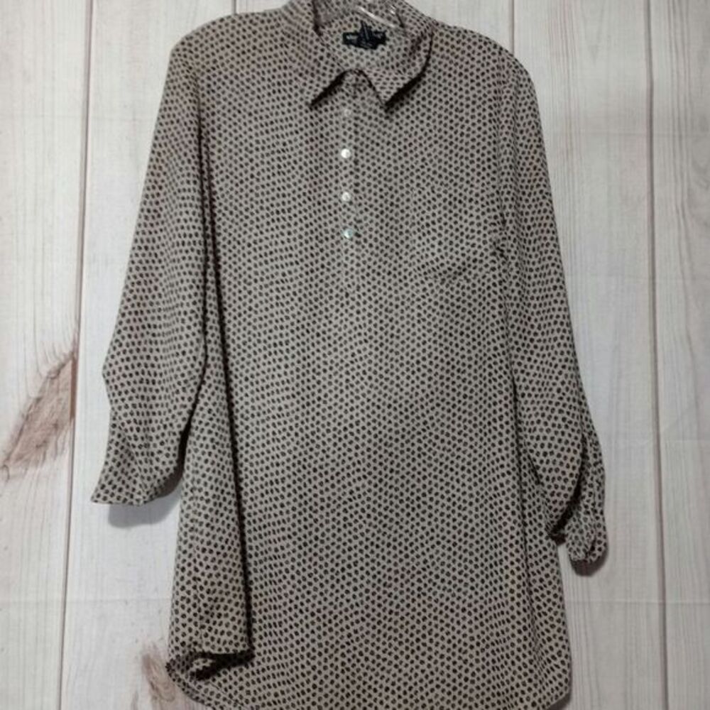 About A‎ Girl Los Angeles Tunic Top Womens Large Tan Black Floral Button Tab L